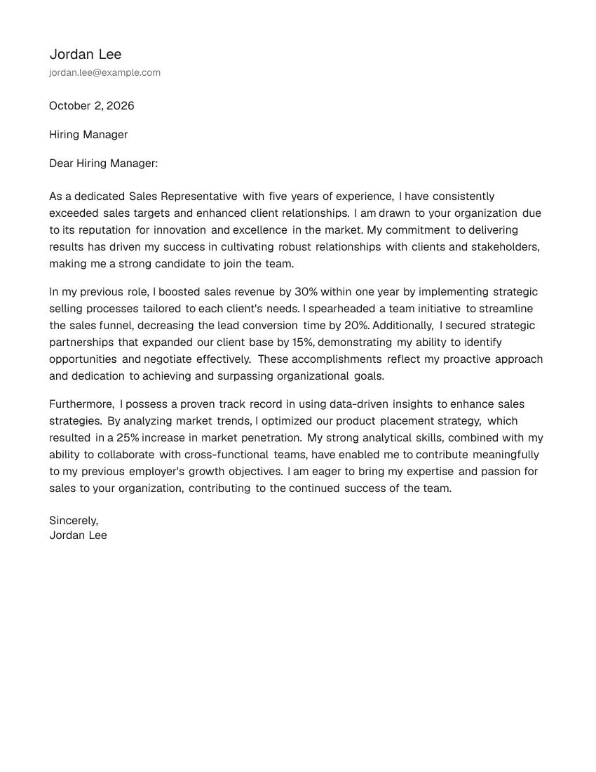 Mid-Level Sales Representative Cover Letter Example