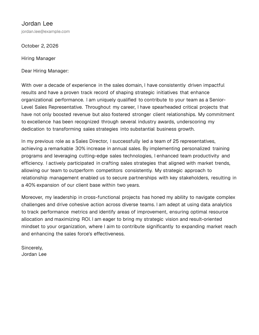 Senior-Level Sales Representative Cover Letter Example