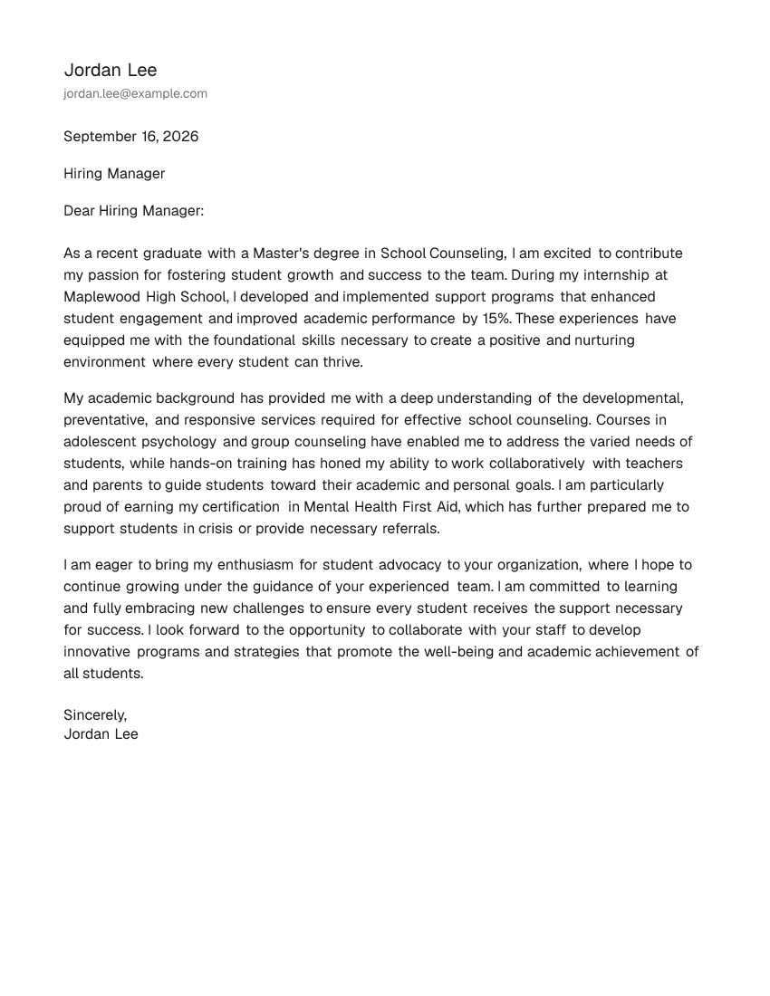 Entry-Level School Counselor Cover Letter Example