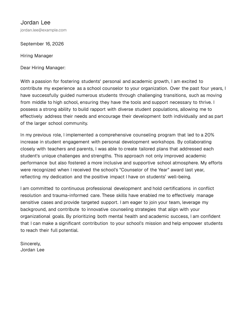 Mid-Level School Counselor Cover Letter Example