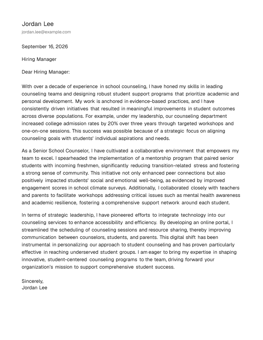 Senior-Level School Counselor Cover Letter Example