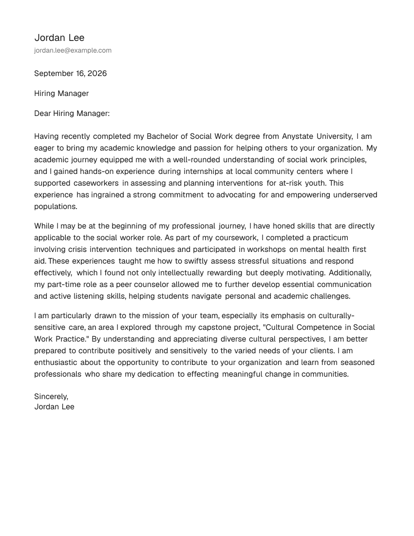Entry-Level Social Worker Cover Letter Example