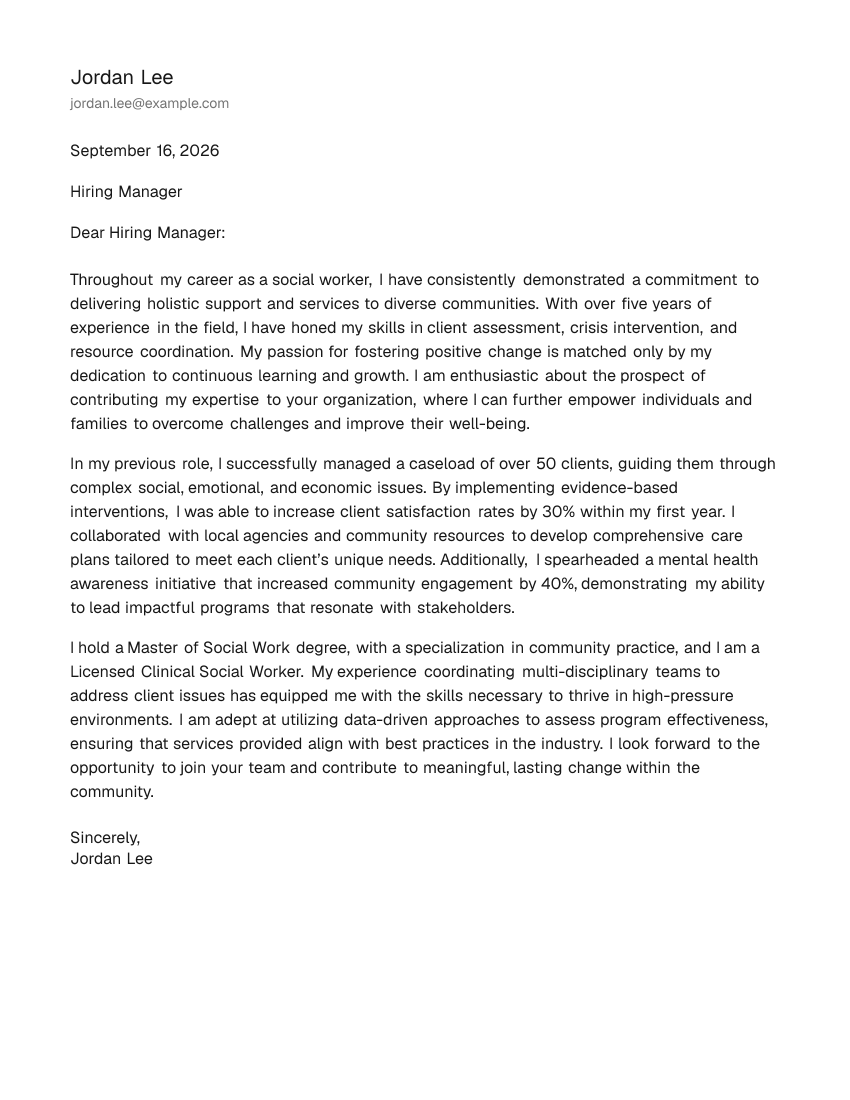 Mid-Level Social Worker Cover Letter Example