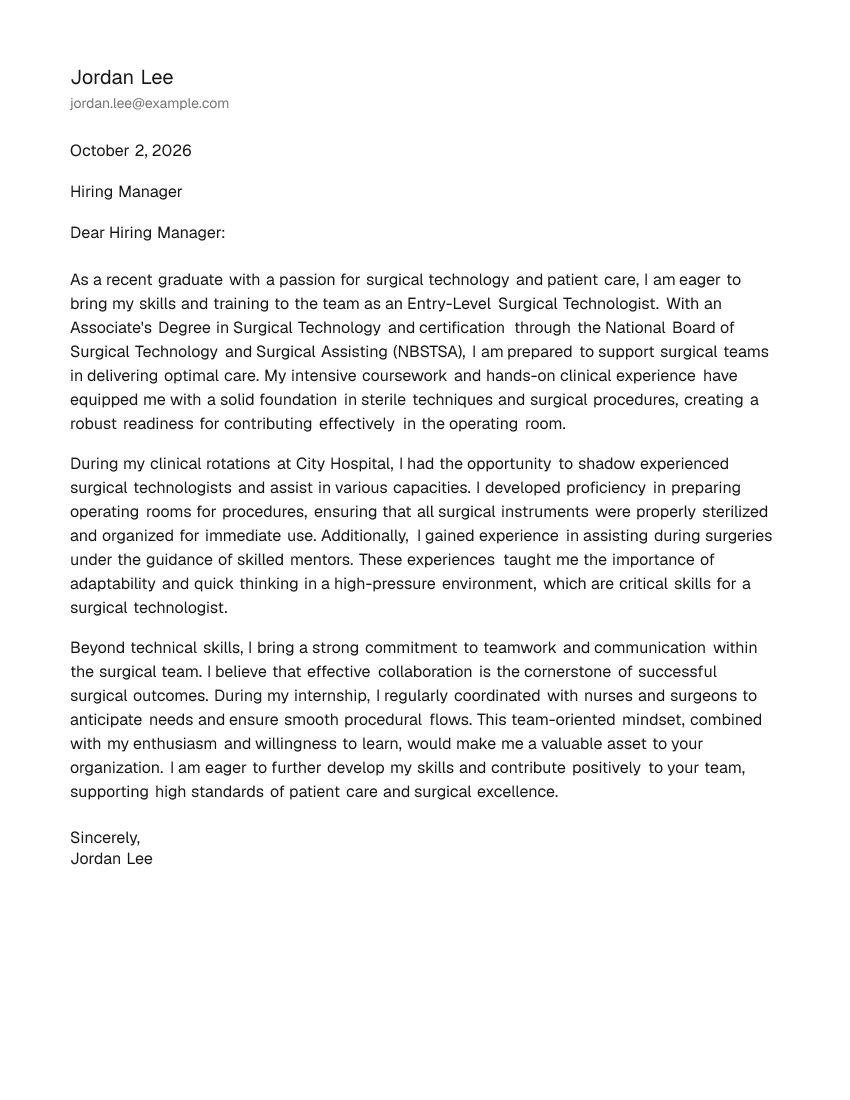 Entry-Level Surgical Technologist Cover Letter Example