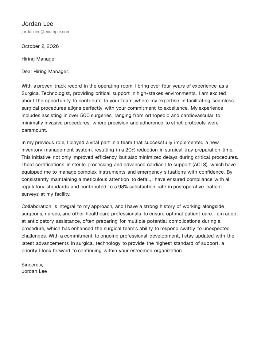 Mid-Level Surgical Technologist Cover Letter Example