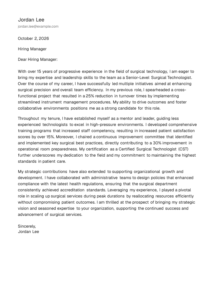 Senior-Level Surgical Technologist Cover Letter Example