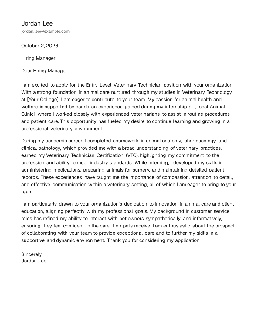 Entry-Level Veterinary Technician Cover Letter Example
