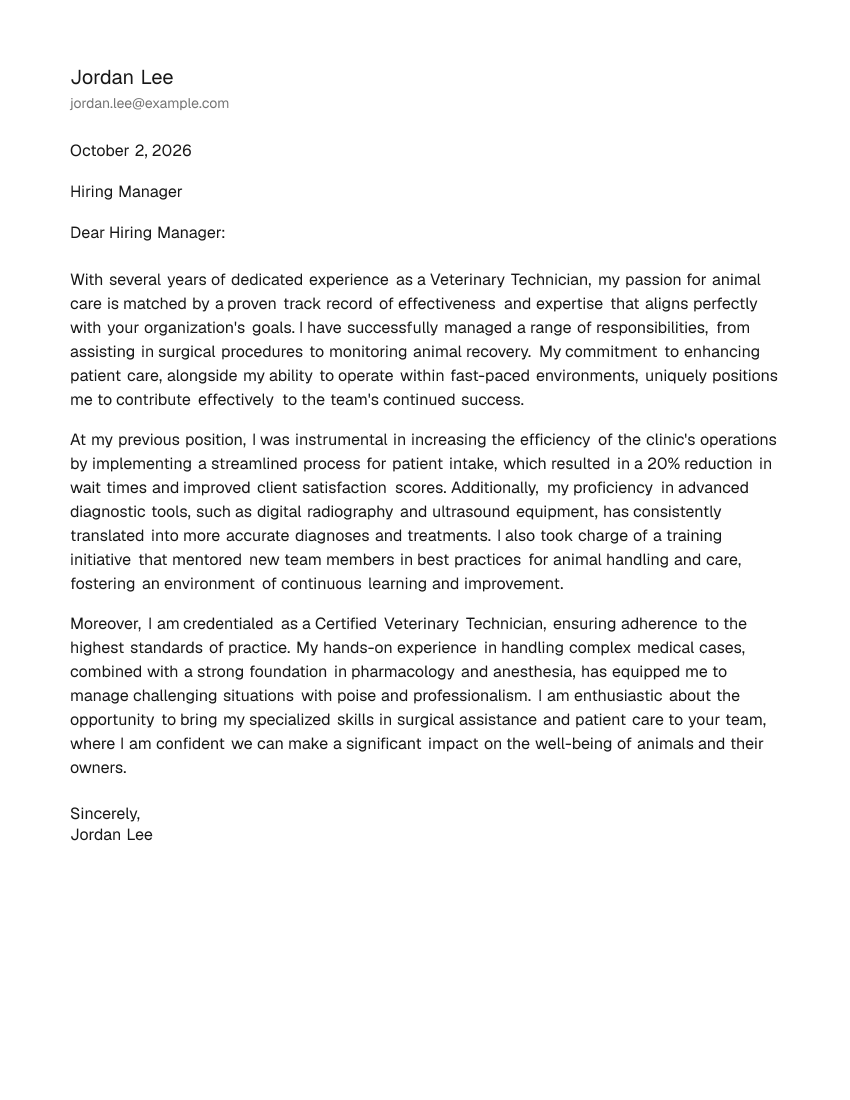 Mid-Level Veterinary Technician Cover Letter Example