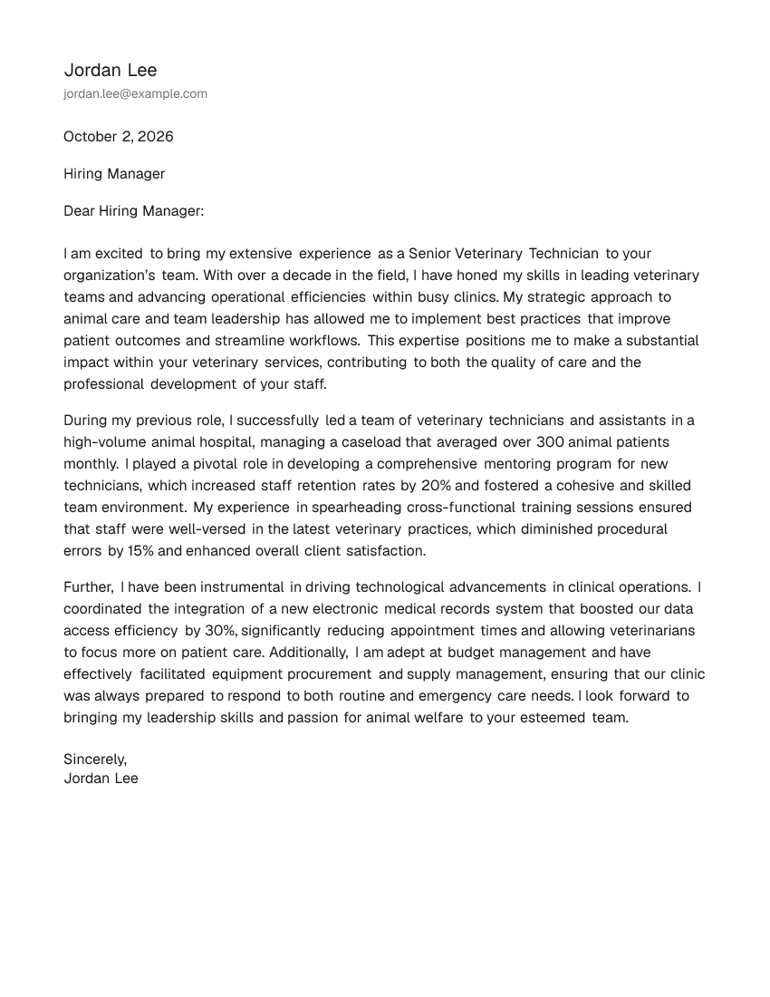 Senior-Level Veterinary Technician Cover Letter Example