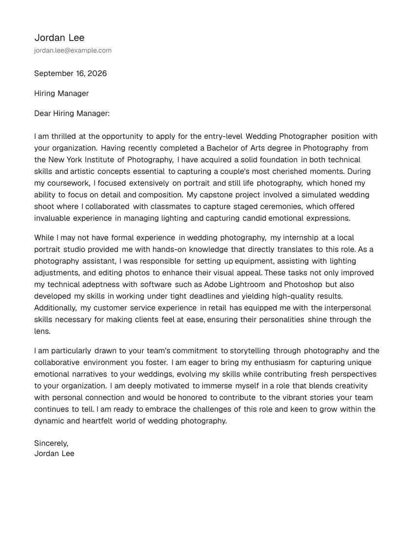 Entry-Level Wedding Photographer Cover Letter Example