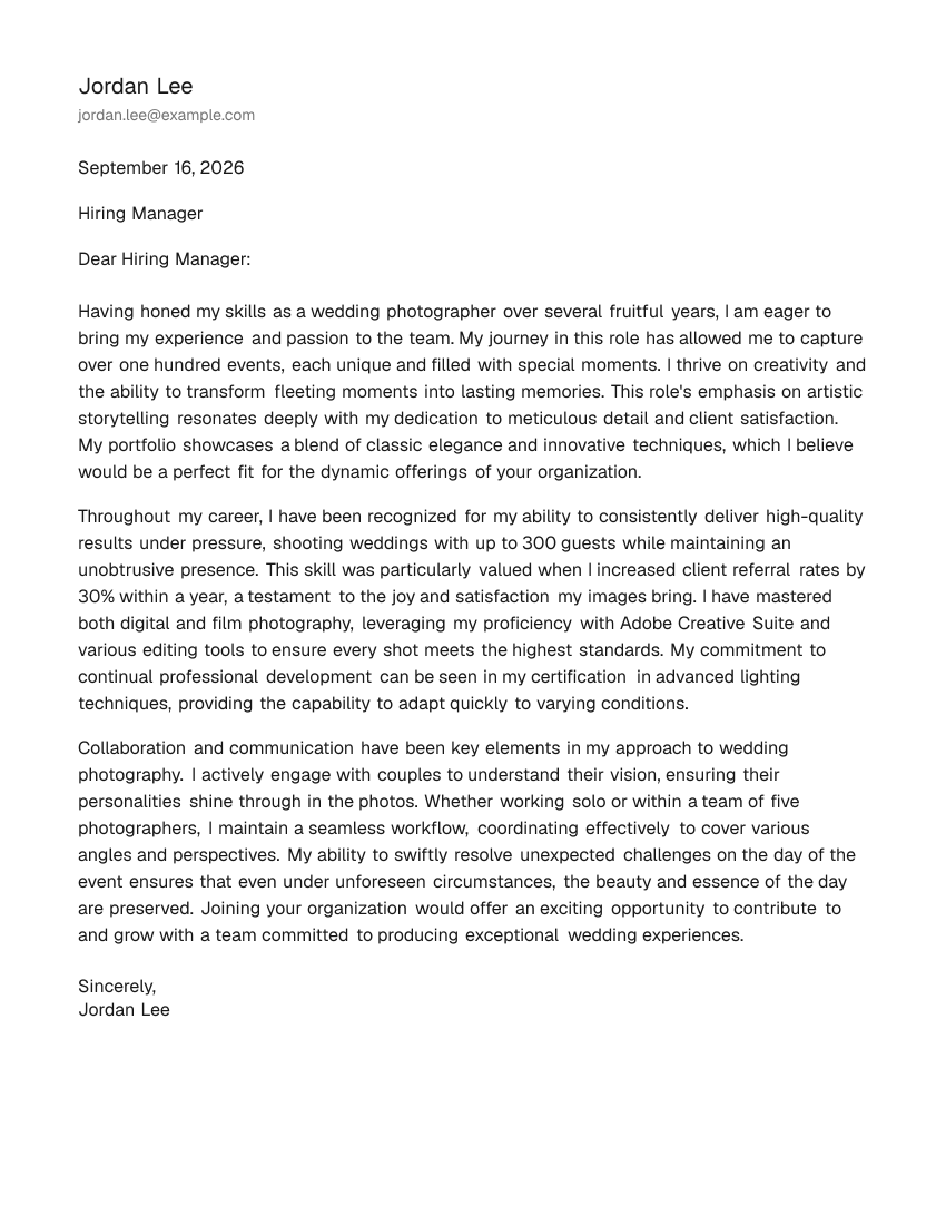 Mid-Level Wedding Photographer Cover Letter Example
