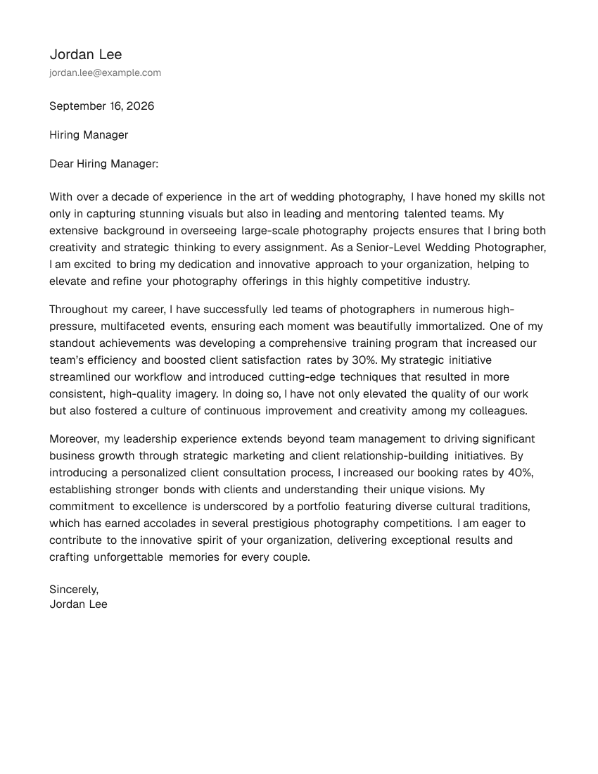 Senior-Level Wedding Photographer Cover Letter Example